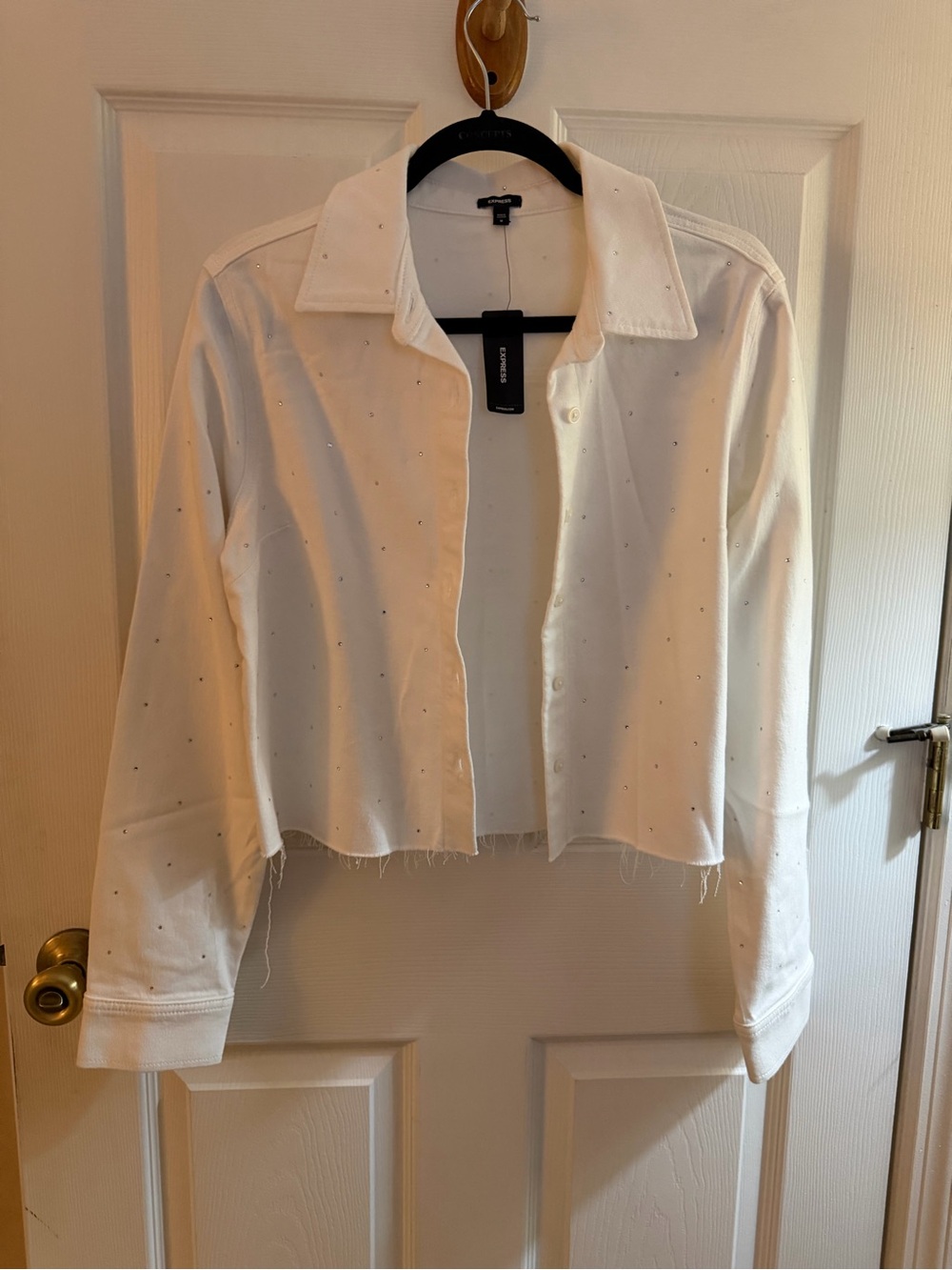Express White Cropped Button-Down Shirt with Rhinestones
